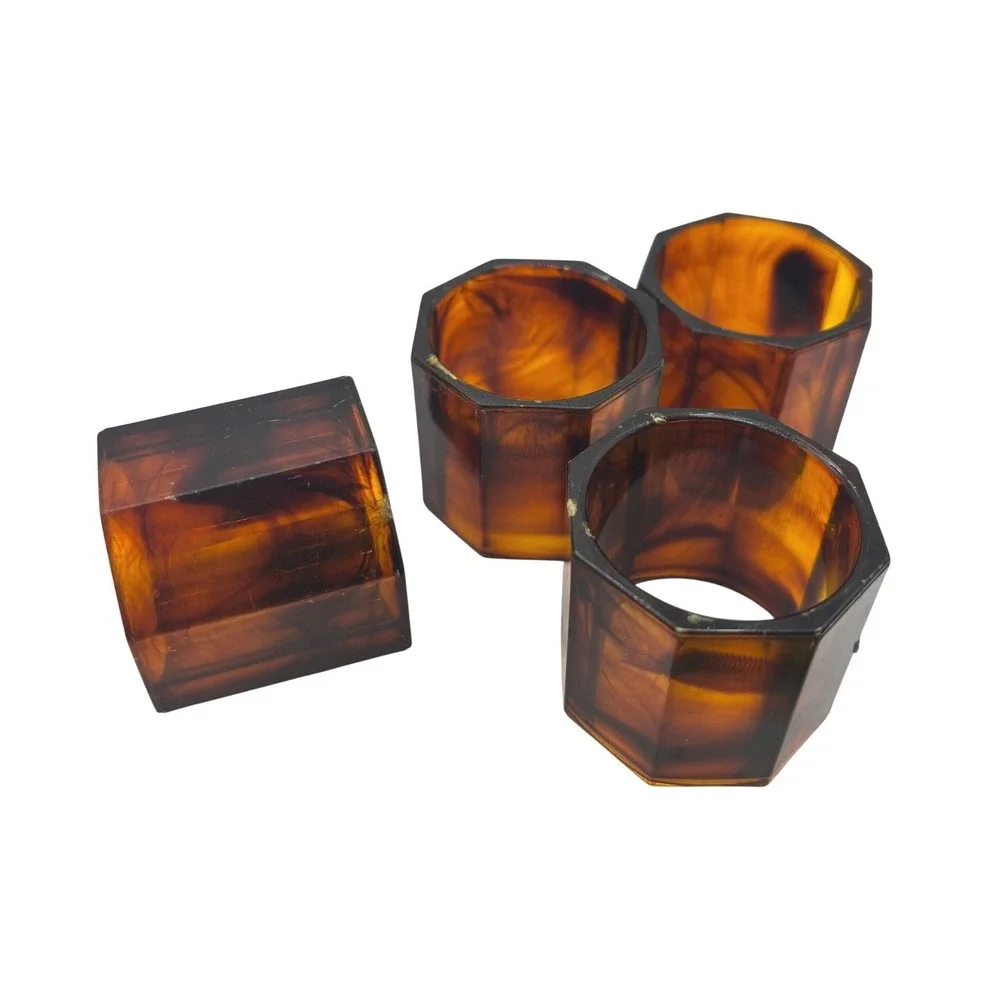 Vintage Napkin Rings Tortoise Shell Faux Amber Lucite Octagon Set of 4